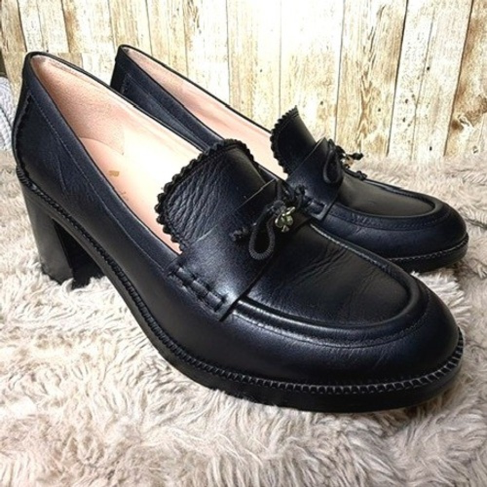 Kate Spade New York Hattie 7.5B Leather Black Block Heel Loafer Pump Spade Charm